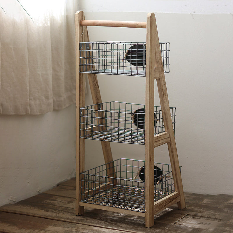 Modern Minimalist Iron Fir Wood Triangular Storage Shelf 3-Basket For Living Room