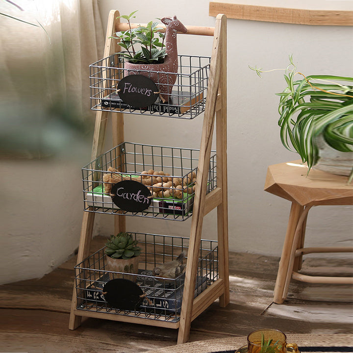 Modern Minimalist Iron Fir Wood Triangular Storage Shelf 3-Basket For Living Room