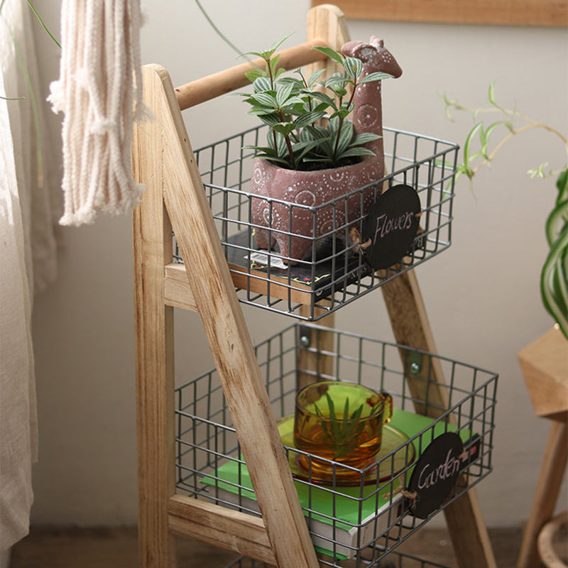Modern Minimalist Iron Fir Wood Triangular Storage Shelf 3-Basket For Living Room