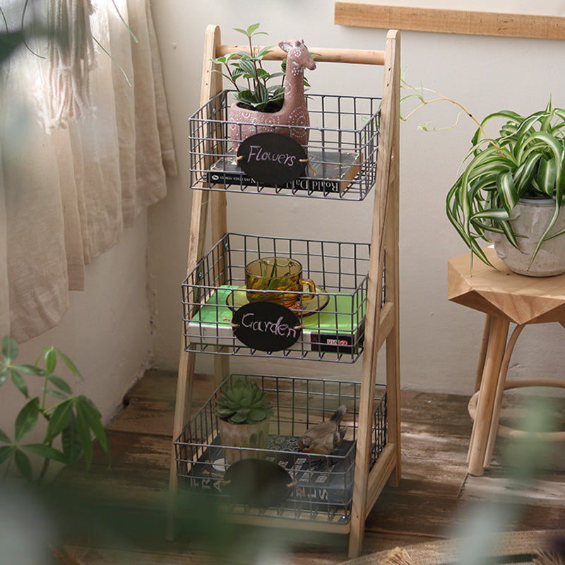 Modern Minimalist Iron Fir Wood Triangular Storage Shelf 3-Basket For Living Room