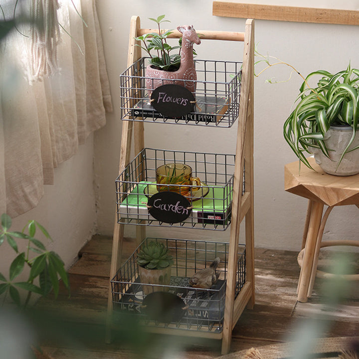 Modern Minimalist Iron Fir Wood Triangular Storage Shelf 3-Basket For Living Room