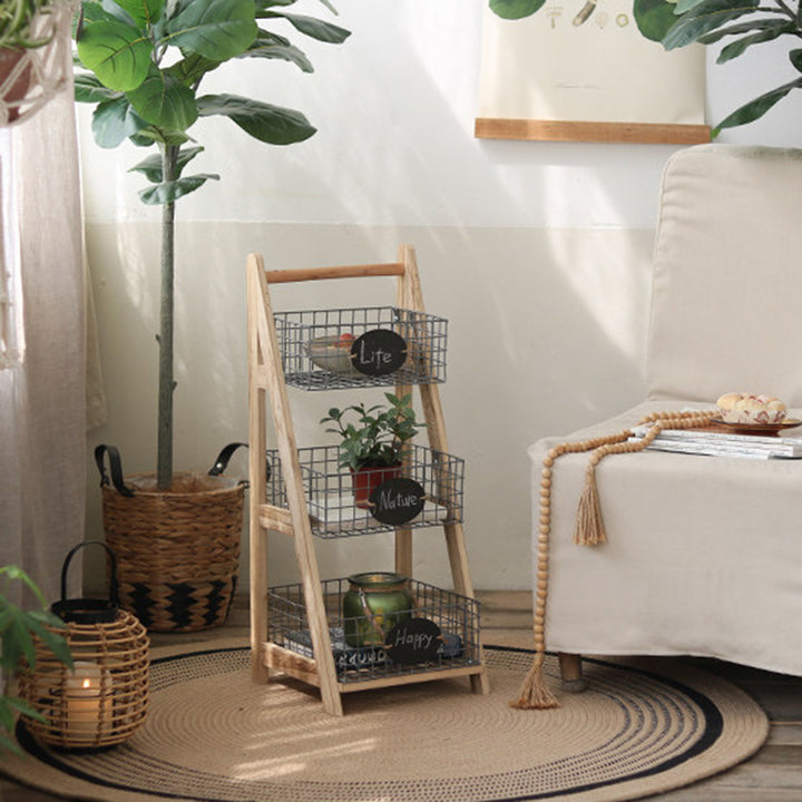 Modern Minimalist Iron Fir Wood Triangular Storage Shelf 3-Basket For Living Room