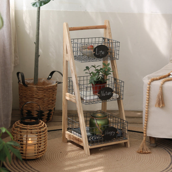 Modern Minimalist Iron Fir Wood Triangular Storage Shelf 3-Basket For Living Room