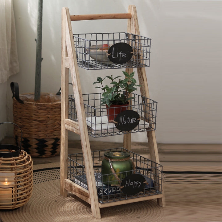 Modern Minimalist Iron Fir Wood Triangular Storage Shelf 3-Basket For Living Room