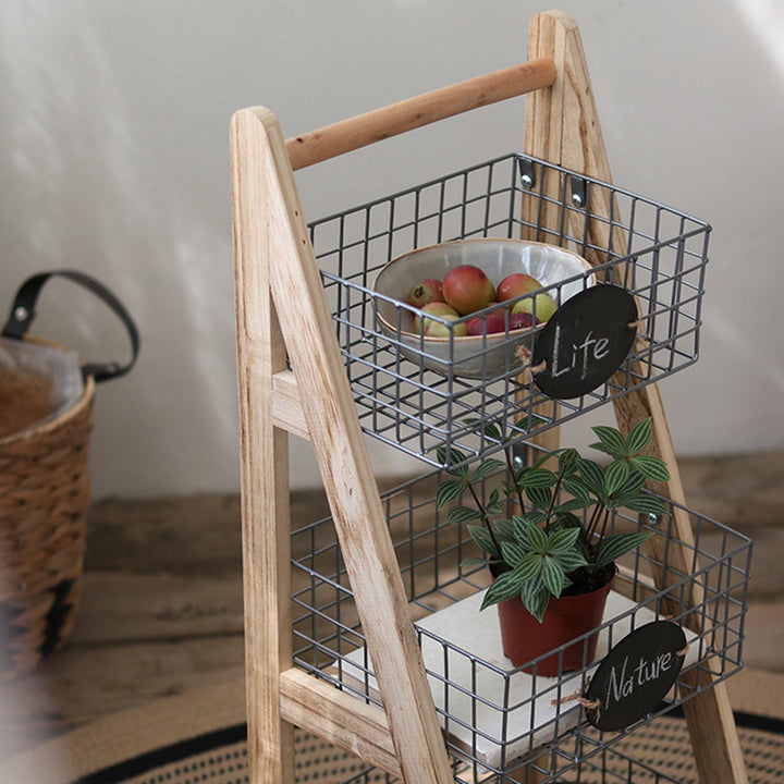 Modern Minimalist Iron Fir Wood Triangular Storage Shelf 3-Basket For Living Room
