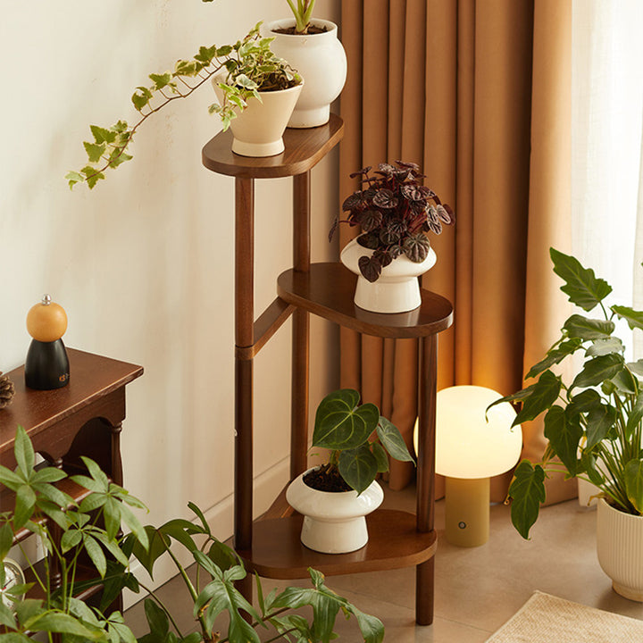 Expositor de flores triangular escalonado de madera de haya japonesa tradicional para interiores que ahorra espacio, de 3/4 niveles, para sala de estar 