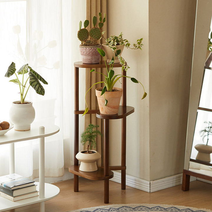 Expositor de flores triangular escalonado de madera de haya japonesa tradicional para interiores que ahorra espacio, de 3/4 niveles, para sala de estar 