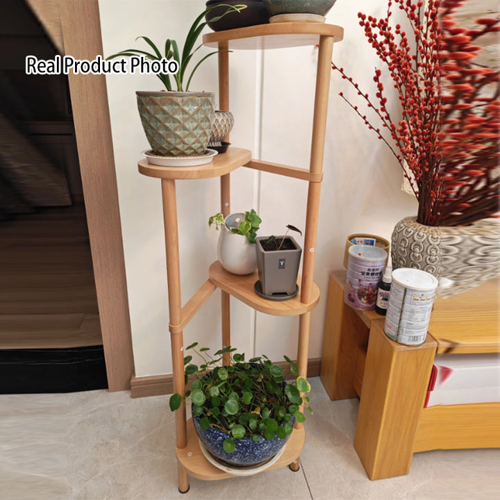 Traditional Japanese Beech Wood Staggered Triangular Indoor Space-Saving Flower Display Rack 3/4-Tier For Living Room