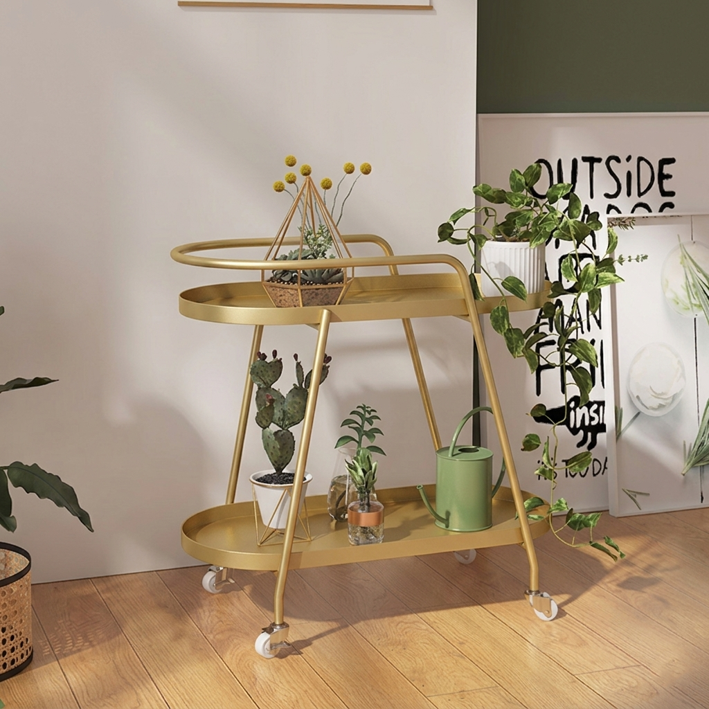 Contemporary Industrial Iron Elliptical Indoor Movable Flower Storage Shelf 2-Tier For Living Room &amp; Balcony
