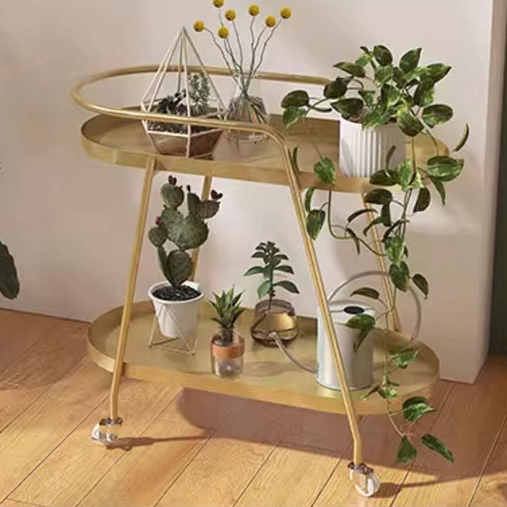 Estantería móvil de almacenamiento para flores, de hierro industrial contemporáneo, elíptica, de interior, de 2 niveles, para sala de estar y balcón 