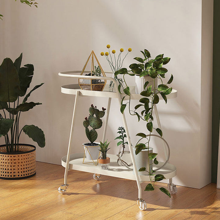 Estantería móvil de almacenamiento para flores, de hierro industrial contemporáneo, elíptica, de interior, de 2 niveles, para sala de estar y balcón 