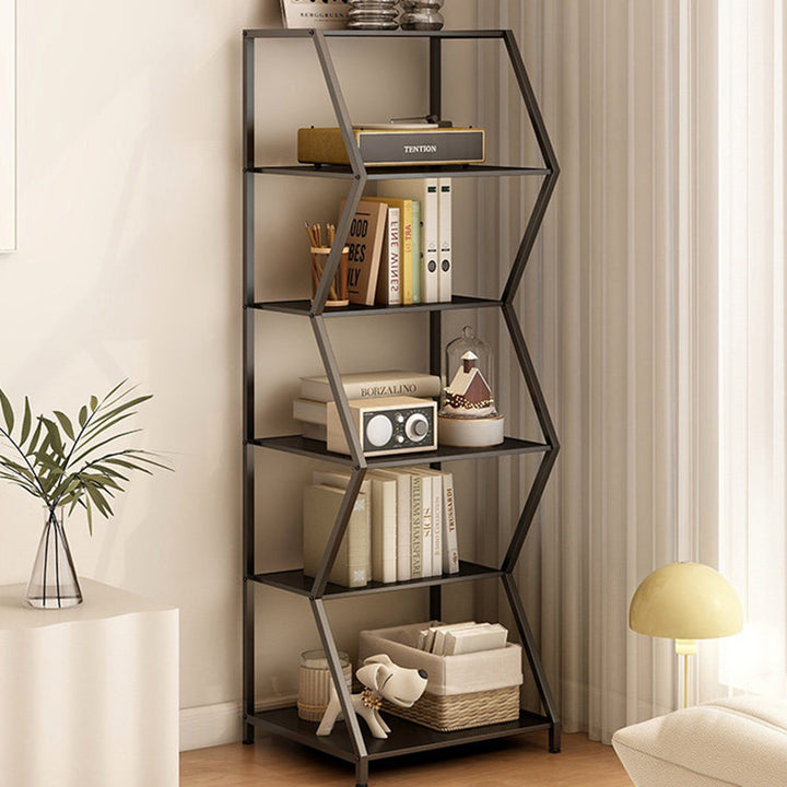 Moderner minimalistischer Aufbewahrungsregal aus Kohlenstoffstahl in unregelmäßiger trapezförmiger Form, freistehend, 6 Ebenen, für Wohnzimmer und Arbeitszimmer 