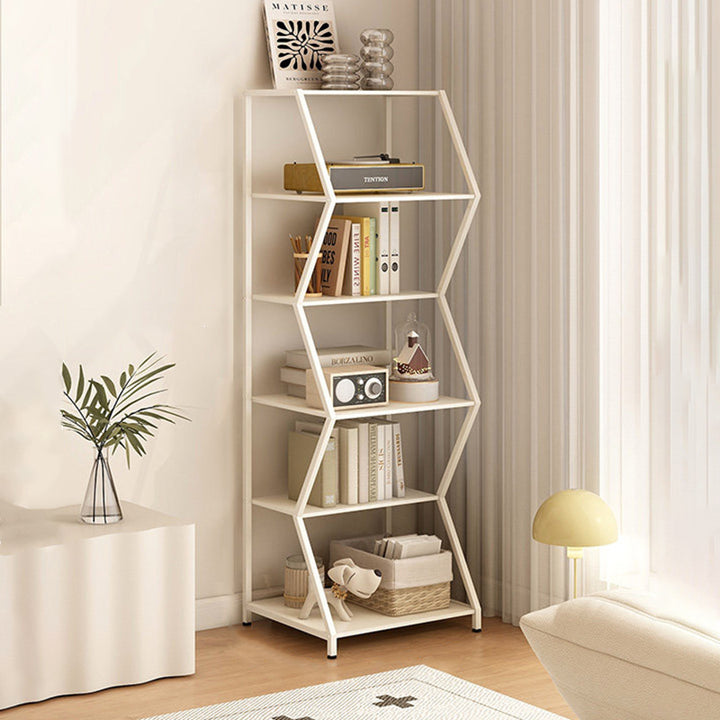 Moderner minimalistischer Aufbewahrungsregal aus Kohlenstoffstahl in unregelmäßiger trapezförmiger Form, freistehend, 6 Ebenen, für Wohnzimmer und Arbeitszimmer 