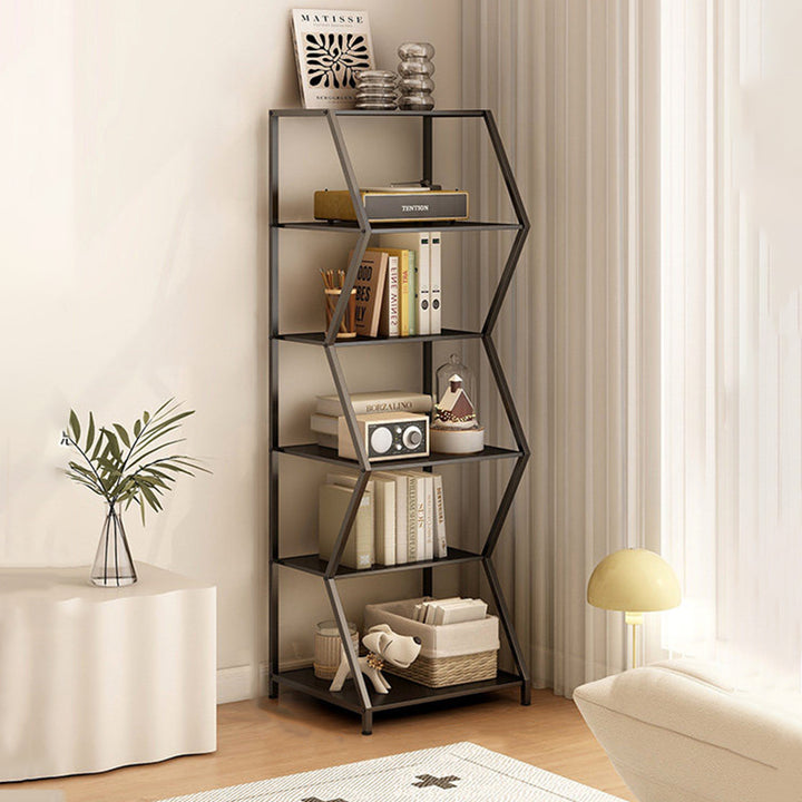 Moderner minimalistischer Aufbewahrungsregal aus Kohlenstoffstahl in unregelmäßiger trapezförmiger Form, freistehend, 6 Ebenen, für Wohnzimmer und Arbeitszimmer 