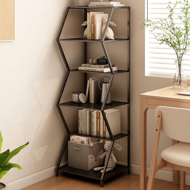 Moderner minimalistischer Aufbewahrungsregal aus Kohlenstoffstahl in unregelmäßiger trapezförmiger Form, freistehend, 6 Ebenen, für Wohnzimmer und Arbeitszimmer 