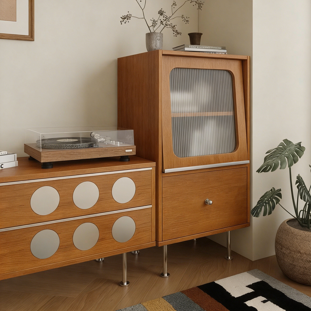Aparador rectangular contemporáneo escandinavo de tablero de partículas, acrílico y acero inoxidable con 1 cajón para sala de estar 