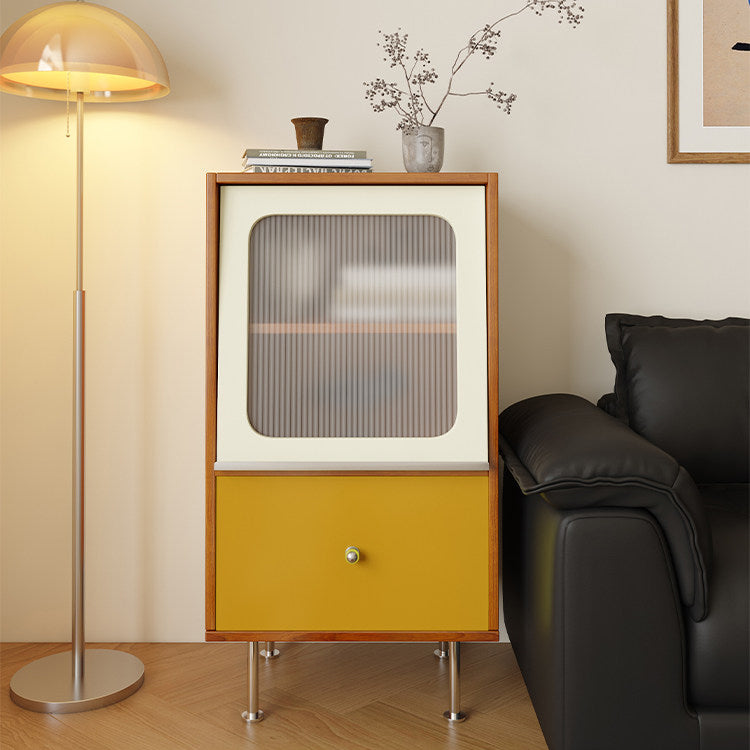 Aparador rectangular contemporáneo escandinavo de tablero de partículas, acrílico y acero inoxidable con 1 cajón para sala de estar 