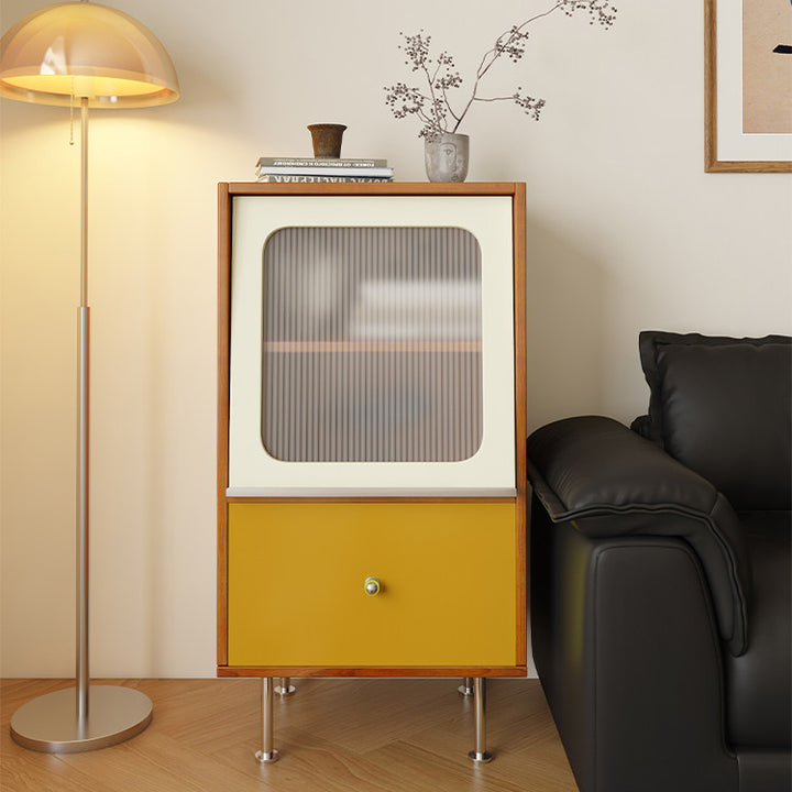 Aparador rectangular contemporáneo escandinavo de tablero de partículas, acrílico y acero inoxidable con 1 cajón para sala de estar 