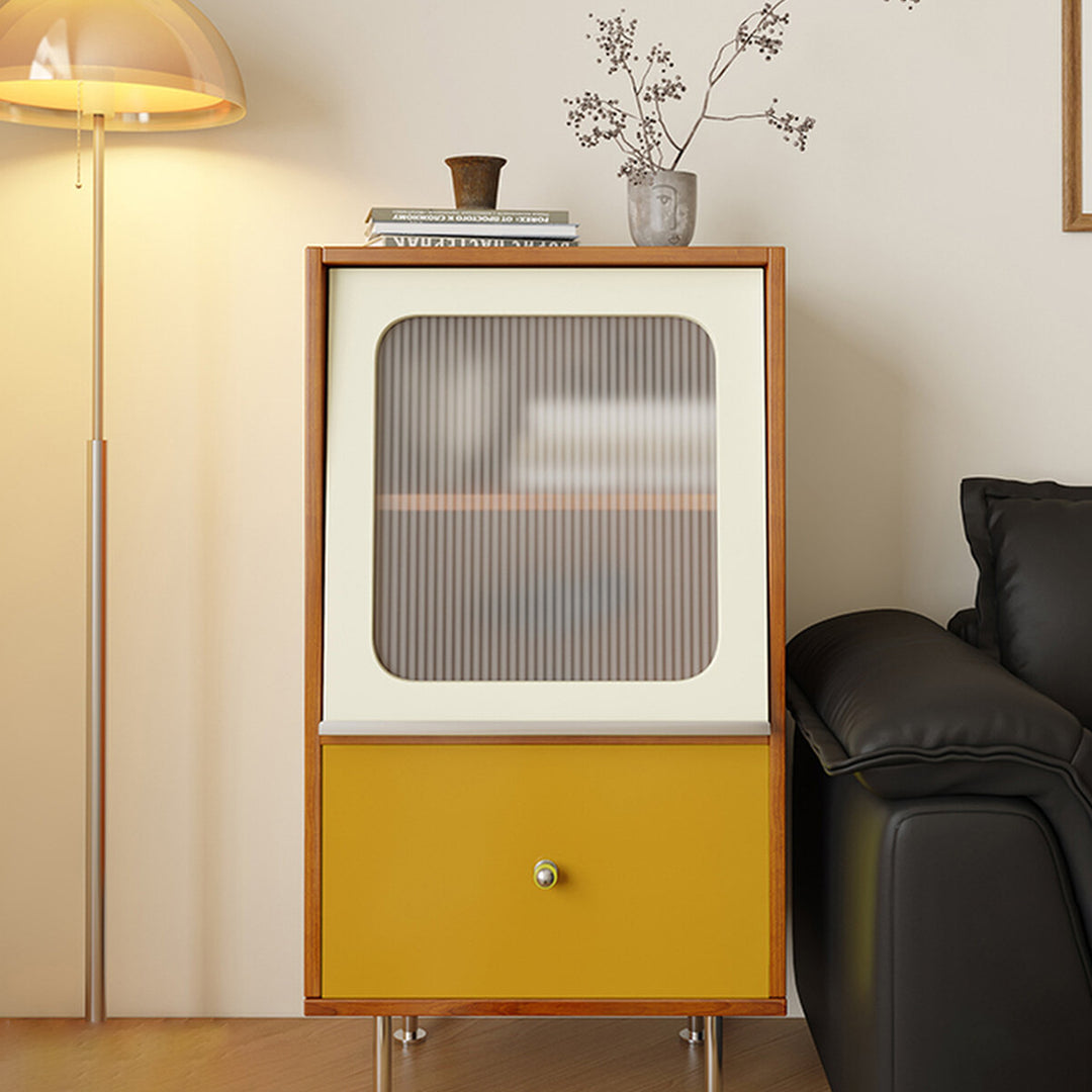 Aparador rectangular contemporáneo escandinavo de tablero de partículas, acrílico y acero inoxidable con 1 cajón para sala de estar 