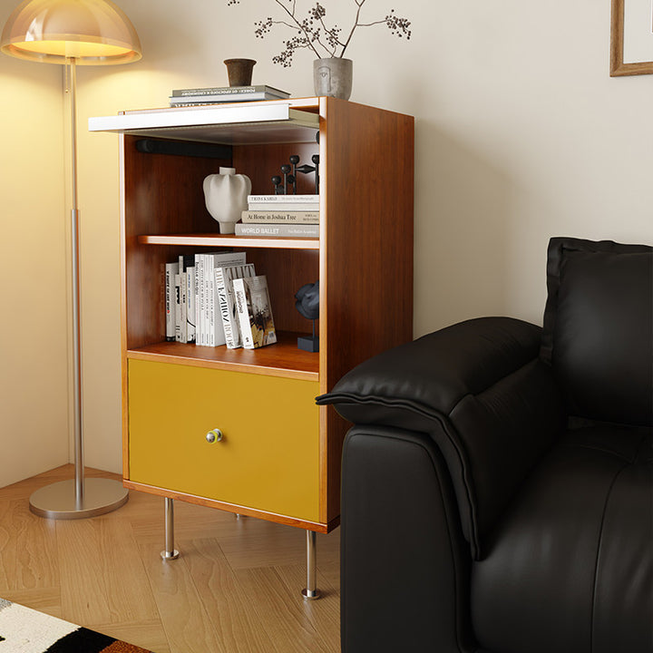 Aparador rectangular contemporáneo escandinavo de tablero de partículas, acrílico y acero inoxidable con 1 cajón para sala de estar 