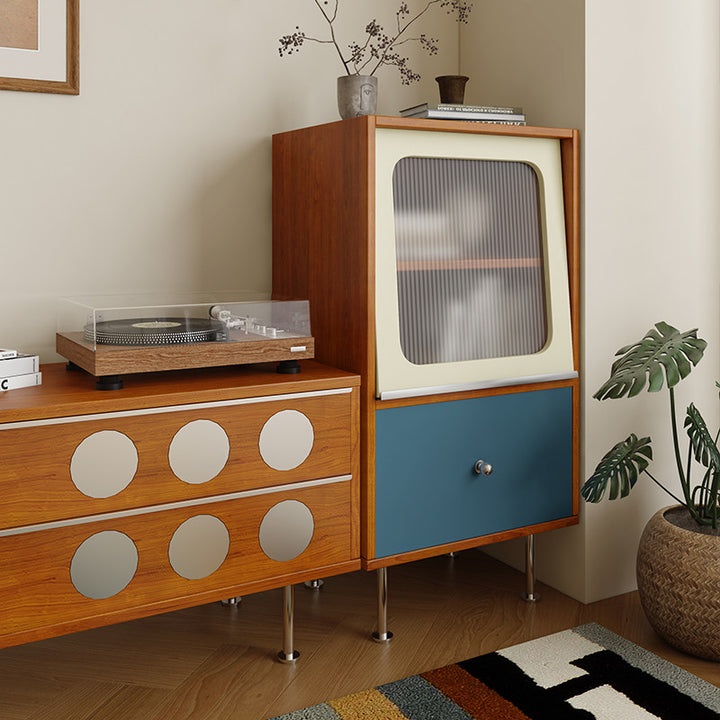 Aparador rectangular contemporáneo escandinavo de tablero de partículas, acrílico y acero inoxidable con 1 cajón para sala de estar 