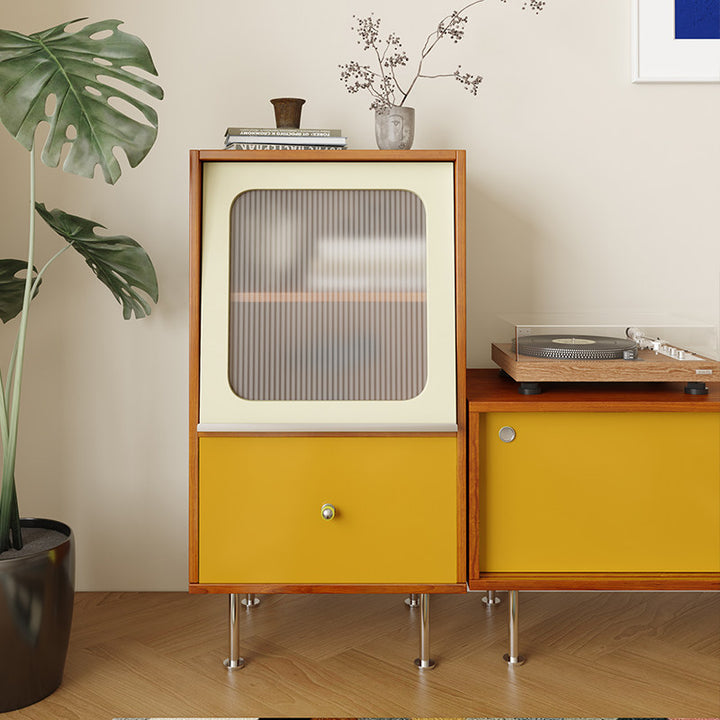 Aparador rectangular contemporáneo escandinavo de tablero de partículas, acrílico y acero inoxidable con 1 cajón para sala de estar 