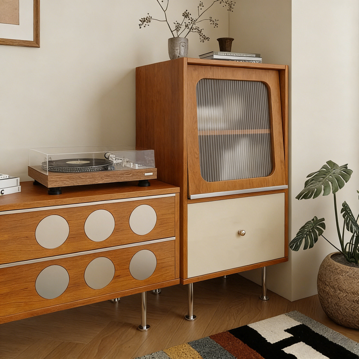 Aparador rectangular contemporáneo escandinavo de tablero de partículas, acrílico y acero inoxidable con 1 cajón para sala de estar 