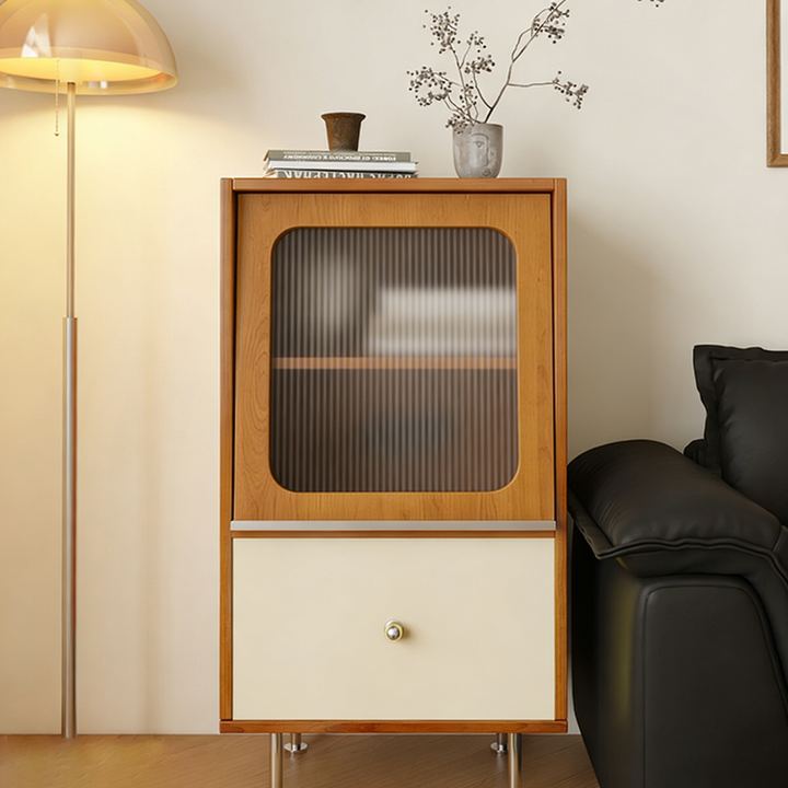 Aparador rectangular contemporáneo escandinavo de tablero de partículas, acrílico y acero inoxidable con 1 cajón para sala de estar 