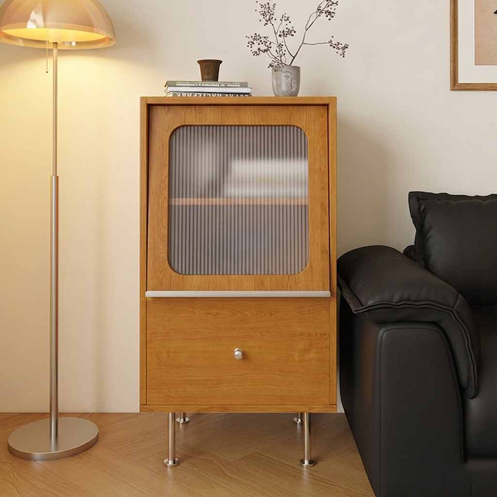Aparador rectangular contemporáneo escandinavo de tablero de partículas, acrílico y acero inoxidable con 1 cajón para sala de estar 