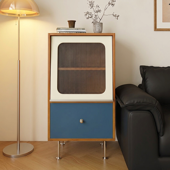 Aparador rectangular contemporáneo escandinavo de tablero de partículas, acrílico y acero inoxidable con 1 cajón para sala de estar 