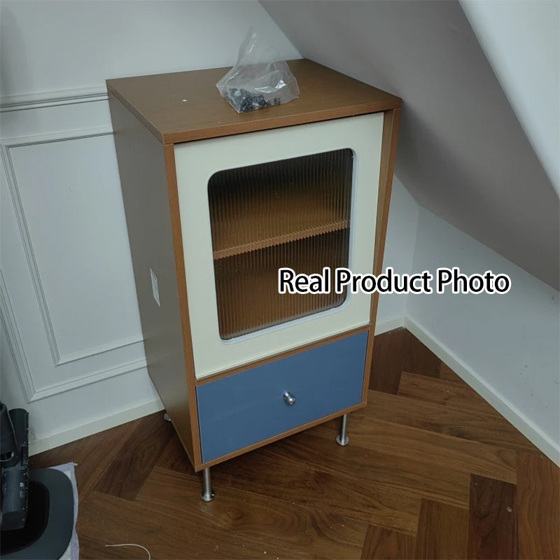 Aparador rectangular contemporáneo escandinavo de tablero de partículas, acrílico y acero inoxidable con 1 cajón para sala de estar 