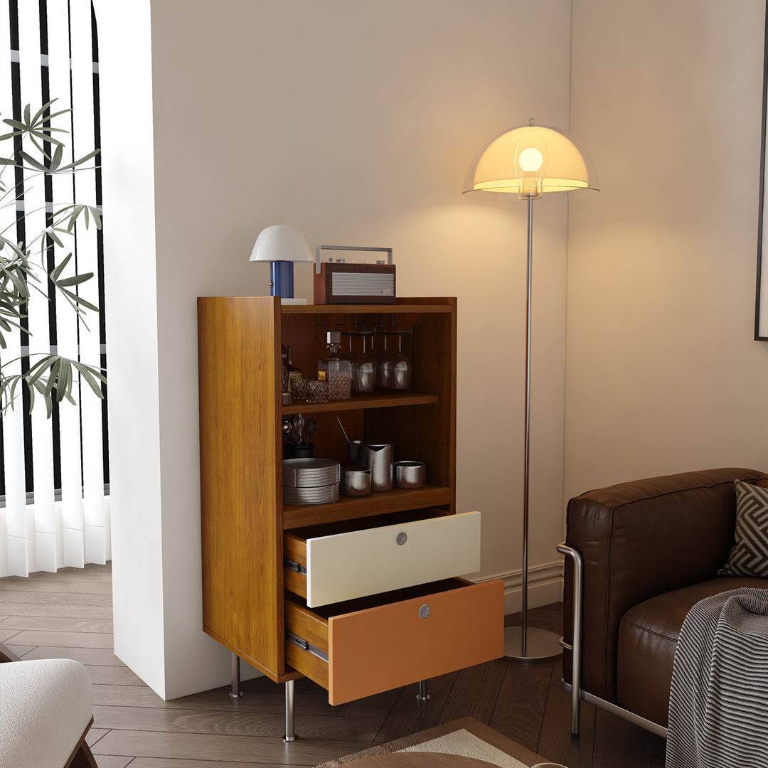 Aparador de almacenamiento organizado de gran capacidad rectangular de acero inoxidable y tablero de partículas estilo escandinavo contemporáneo con 2 cajones para sala de estar 