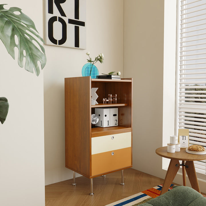 Aparador de almacenamiento organizado de gran capacidad rectangular de acero inoxidable y tablero de partículas estilo escandinavo contemporáneo con 2 cajones para sala de estar 