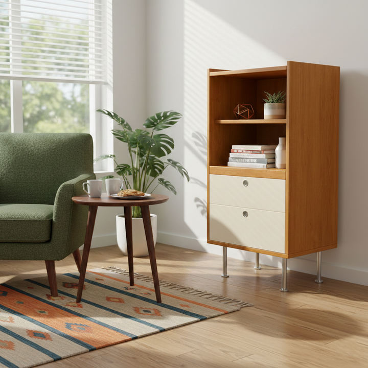 Aparador de almacenamiento organizado de gran capacidad rectangular de acero inoxidable y tablero de partículas estilo escandinavo contemporáneo con 2 cajones para sala de estar 