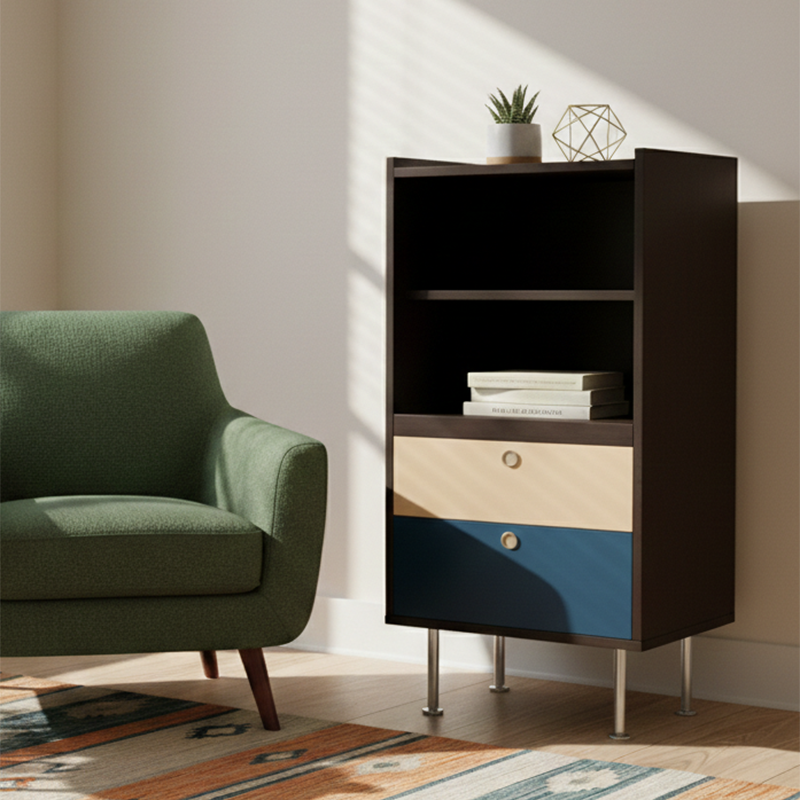 Aparador de almacenamiento organizado de gran capacidad rectangular de acero inoxidable y tablero de partículas estilo escandinavo contemporáneo con 2 cajones para sala de estar 