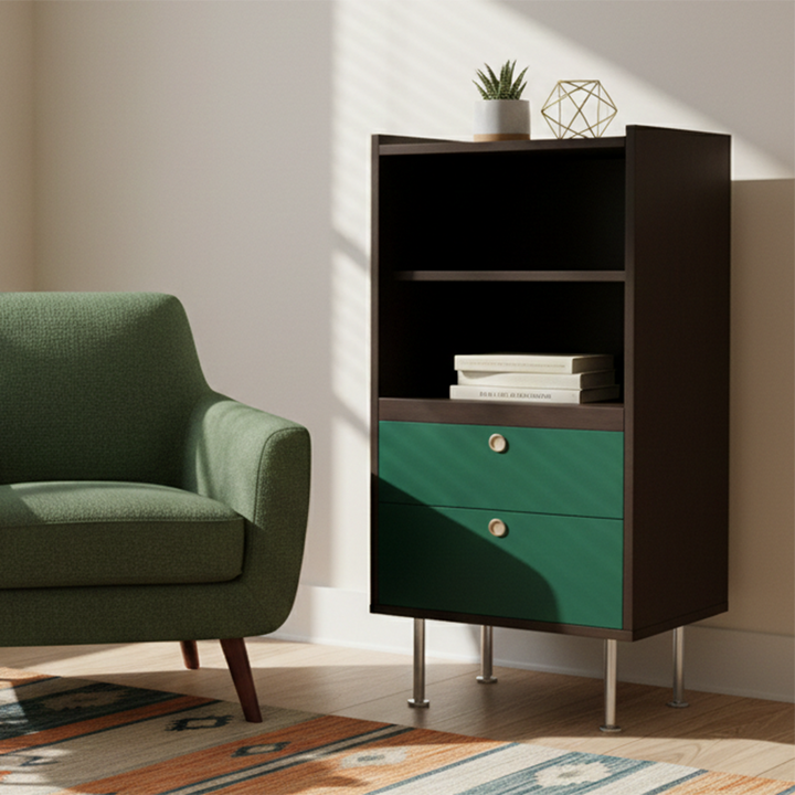 Aparador de almacenamiento organizado de gran capacidad rectangular de acero inoxidable y tablero de partículas estilo escandinavo contemporáneo con 2 cajones para sala de estar 