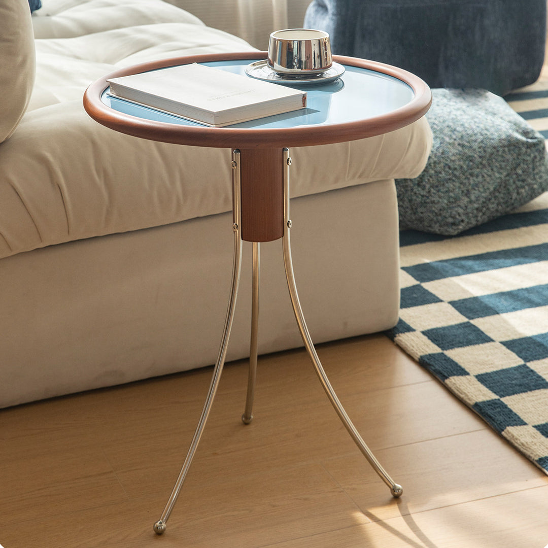 Mesa auxiliar moderna minimalista con forma de medusa de madera de cerezo, contrachapado y acero inoxidable de 1 nivel para sala de estar 
