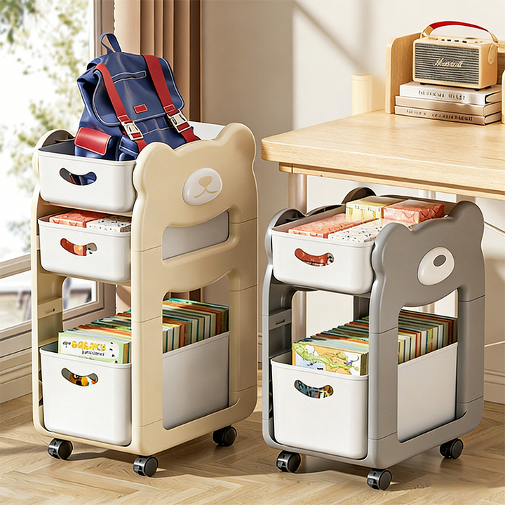 Modern Minimalist PP Plastic Cartoon Bear Kids Movable Storage Shelf 2/3-Tier For Bedroom &amp; Study