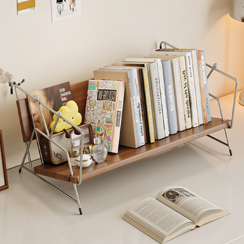 Modern Minimalist Plywood Stainless Steel Carbon Steel Rectangular Lightweight Desktop Bookshelf 1-Layer For Bedroom &amp; Study