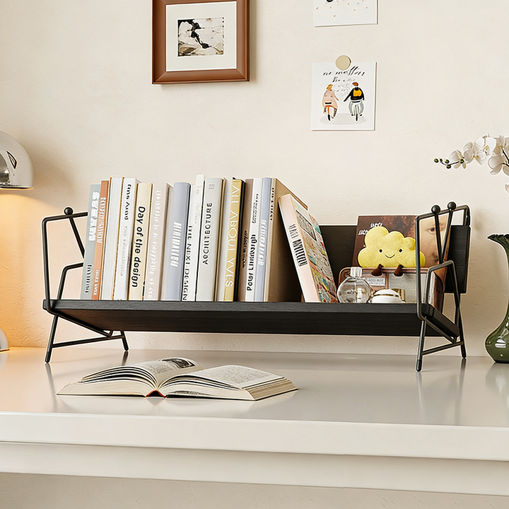 Modern Minimalist Plywood Stainless Steel Carbon Steel Rectangular Lightweight Desktop Bookshelf 1-Layer For Bedroom &amp; Study