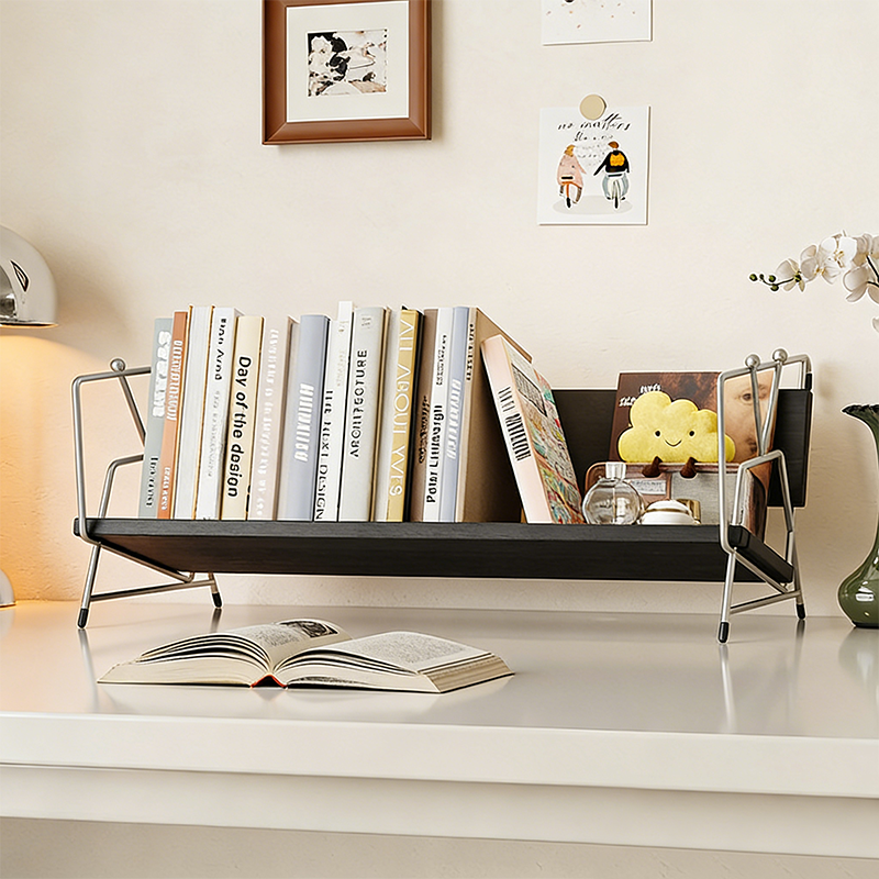 Modern Minimalist Plywood Stainless Steel Carbon Steel Rectangular Lightweight Desktop Bookshelf 1-Layer For Bedroom &amp; Study