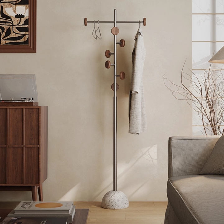 Contemporary Scandinavian Stainless Steel Terrazzo Solid Wood Branch-Shaped Space-Saving Hall Tree 7-Hook For Entryway &amp; Hallway