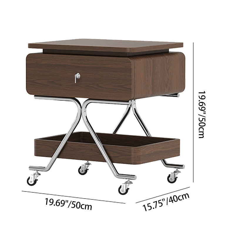 Contemporary Industrial Plywood Stainless Steel Faux Leather Rectangular Movable End Table 1-Drawer For Living Room &amp; Bedroom