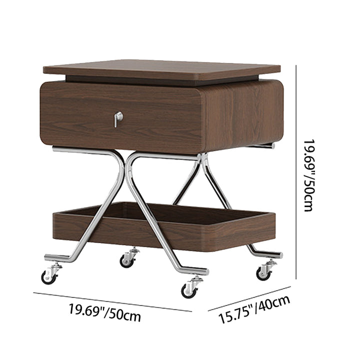 Contemporary Industrial Plywood Stainless Steel Faux Leather Rectangular Movable End Table 1-Drawer For Living Room &amp; Bedroom