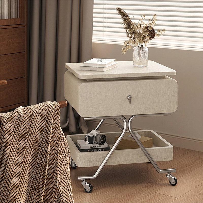 Contemporary Industrial Plywood Stainless Steel Faux Leather Rectangular Movable End Table 1-Drawer For Living Room &amp; Bedroom