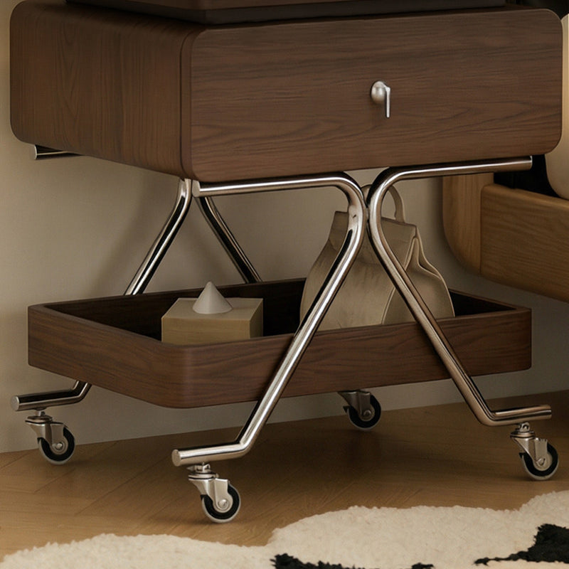 Contemporary Industrial Plywood Stainless Steel Faux Leather Rectangular Movable End Table 1-Drawer For Living Room &amp; Bedroom