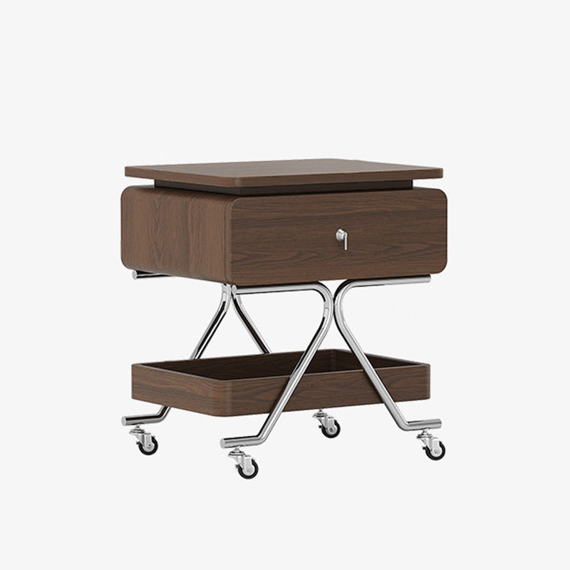 Contemporary Industrial Plywood Stainless Steel Faux Leather Rectangular Movable End Table 1-Drawer For Living Room &amp; Bedroom