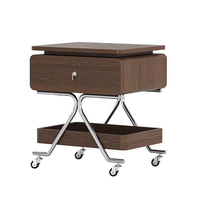 Contemporary Industrial Plywood Stainless Steel Faux Leather Rectangular Movable End Table 1-Drawer For Living Room &amp; Bedroom
