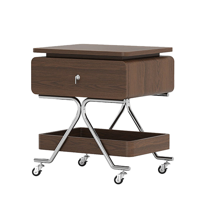 Contemporary Industrial Plywood Stainless Steel Faux Leather Rectangular Movable End Table 1-Drawer For Living Room &amp; Bedroom