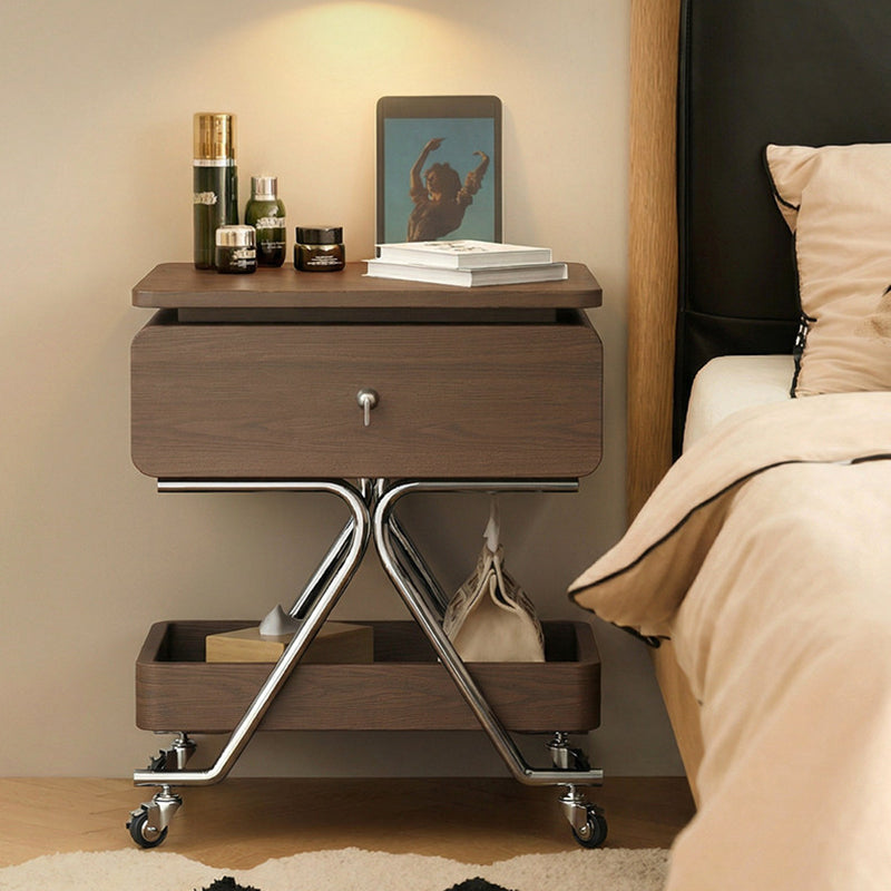 Contemporary Industrial Plywood Stainless Steel Faux Leather Rectangular Movable End Table 1-Drawer For Living Room &amp; Bedroom
